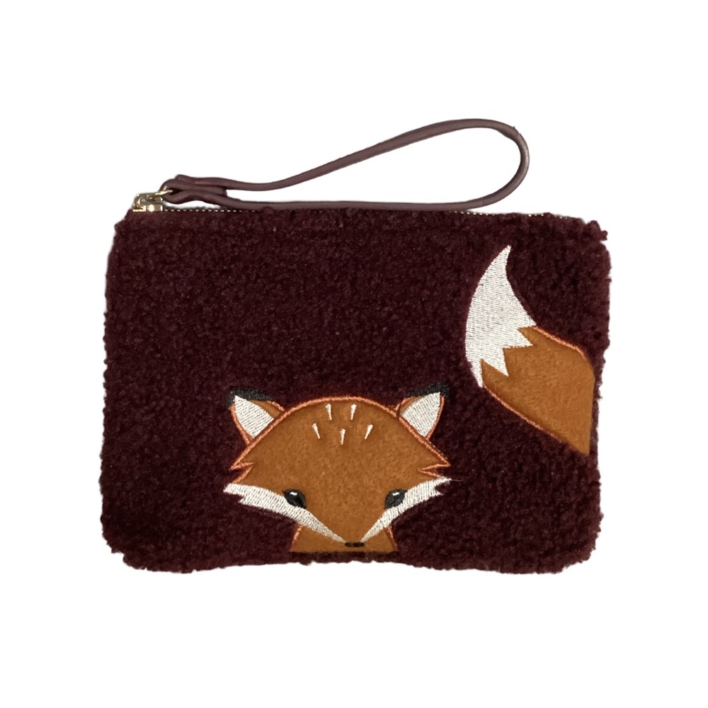 Old Navy Burgundy Sherpa Zippered Wristlet With Cutest Fox Embroidered